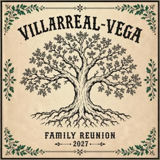 Family crest: a tree with spreading roots, framed in laurel leaves, reading Villarreal-Vega, Family Reunion, 2027.